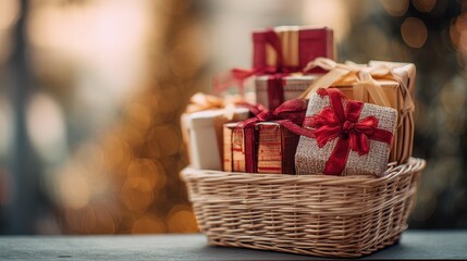 Soft focus and background blurred Gift Baskets, Gift set .Holiday and Christmas and New year present Concept.