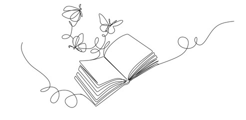 Flying book one line drawing with butterfly. Continuous hand drawn contour vector.