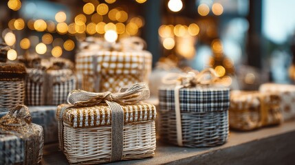 Soft focus and background blurred Gift Baskets, Gift set .Holiday and Christmas and New year present Concept.