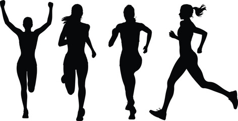 Running women silhouettes, fitness training vector, jogging exercise illustration, marathon athlete poses, sports activity, healthy lifestyle, outdoor workout, gym motivation, endurance running