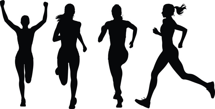 Running women silhouettes, fitness training vector, jogging exercise illustration, marathon athlete poses, sports activity, healthy lifestyle, outdoor workout, gym motivation, endurance running