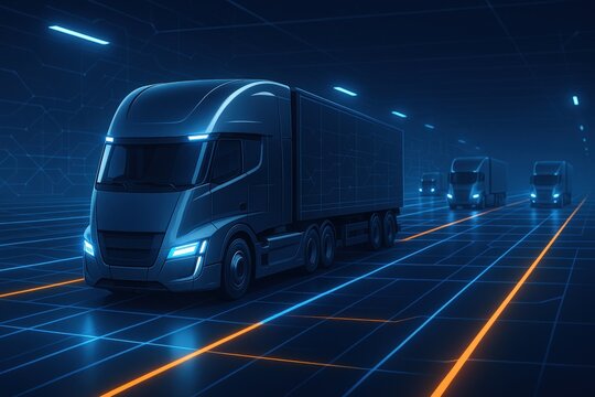 Futuristic Semi-Trucks Driving on Digital Highway: Modern Transportation and Logistics Concept with Advanced Technology