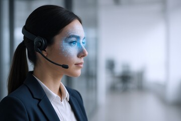 Futuristic Customer Support: A Woman with Headset and Digital Overlay Ready to Assist
