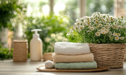 Set of natural products cleaning and washing products in wood basket on table