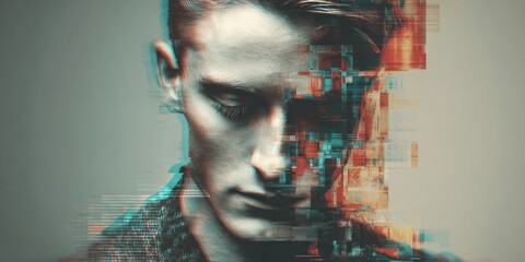 Surreal portrait of a young man in a digital glitch style with distorted features and vibrant colors