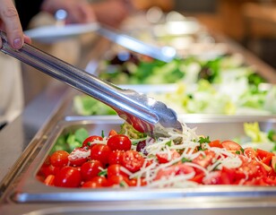 Close up of a hand using metal tongs to serve fresh tomatoes and shredded cheese from a cold buffet line