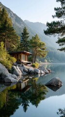 Fototapeta premium Solitary Mountain Cabin Reflecting in a Serene Lake Amidst Lush Green Trees and Majestic Mountains at Sunrise Golden Hour