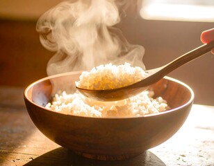 Steaming white rice being served with a wooden spoon from a dark wooden bowl
