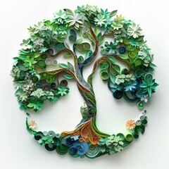 Paper quilling art of a tree with green and blue flowers and spiral coils. Handmade craft isolated on white background. Ideal for nature, ecology, growth, or family tree concepts.
