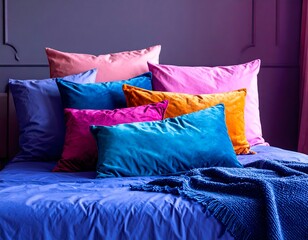Assortment of vibrant velvet and silk pillows arranged on a richly colored blue bed