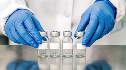 Close up of blue gloved hands arranging four vials with labels on a shiny surface in a lab setting
