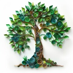 Paper quilling art tree made of green and brown spiral coils. Handmade craft isolated on white background. Ideal for nature, growth, ecology, family tree concepts, or creative art design.