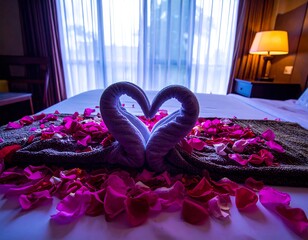 Towel swans form a heart on a bed covered with bright pink rose petals in a hotel room