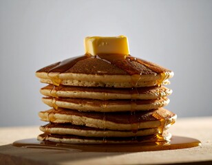 Stack of golden brown pancakes topped with melting butter and drizzling amber syrup
