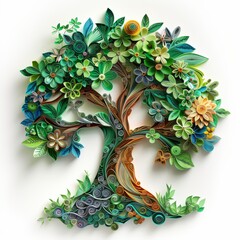 Intricate paper quilling art of a tree with green flowers and leaves. Handmade craft isolated on white background. Ideal for ecology, spring themes, family tree concepts, or creative decorative design
