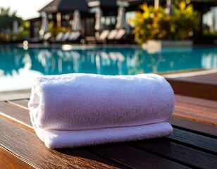 Rolled white plush towel rests on dark wooden deck beside bright blue swimming pool