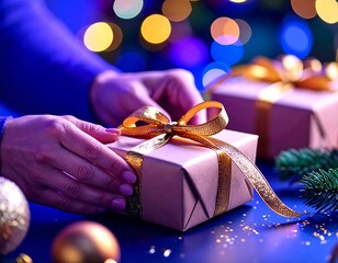 Hands carefully holding a neatly wrapped gift box with a shimmering golden bow low angle