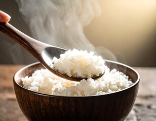 Steaming white cooked rice being served from a dark wooden bowl with a wooden spoon