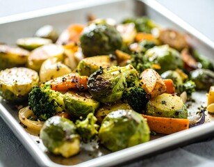 Roasted Brussels sprouts carrots and broccoli florets seasoned with herbs on a silver baking sheet