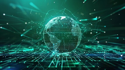 Spinning digital Earth globe with glowing network connections. Futuristic concept for global communication, big data, or fintech. Green abstract technology background.