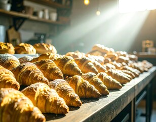 Rows of golden freshly baked croissants dusted with sugar on a wooden bakery counter
