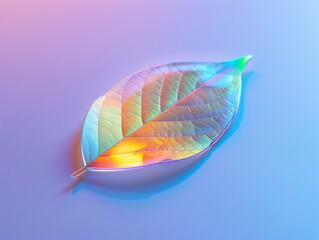 Vibrant macro leaf with neon rainbow prism light effect. Dreamy purple and blue gradient background with surreal, magical aesthetic. Ideal for backgrounds, wallpaper, abstract textures, or creative 