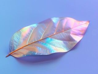Macro detail of a single leaf with vibrant holographic and iridescent reflections on a pastel blue-purple background. Modern, minimalist, and ethereal aesthetic for wallpapers, tech backdrops, cosmeti