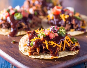 Delicious BBQ pulled pork tacos topped with cheese salsa and jalape o slices served on wood