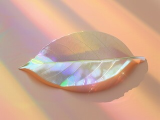 Macro of dreamy leaf with rainbow prism light refraction effect. Soft pastel peach background, ethereal and surreal aesthetic. Ideal for wallpaper, social media, backgrounds, abstract textures, or mod