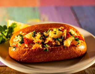 A golden brown lobster roll filled with chunky meat and fresh parsley sits on a white plate 101 characters