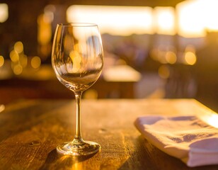 Empty wine glass standing on a wooden table with soft background light and a napkin