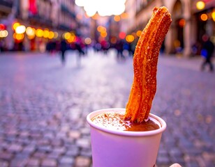 Close up of sugared churro dipped in hot chocolate served in a paper cup on a city street