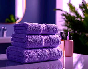 Stack of three plush purple cotton bath towels with dispensers beside them in a bathroom