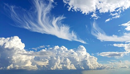 Bright blue sky with wispy and puffy clouds