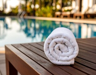 Rolled white towel resting on a dark wooden surface next to a bright blue swimming pool 98 characters