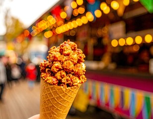 Hand holding caramel popcorn in a waffle cone at a brightly lit outdoor fair or carnival