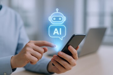Man interacts with AI Chatbot via Mobile Phone, accessing information and using artificial intelligence