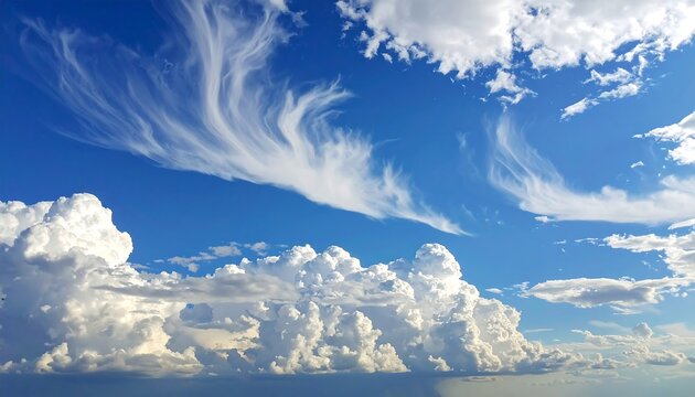 Bright blue sky with wispy and puffy clouds