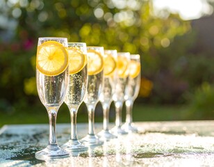 Row of sparkling wine glasses with lemon slices outdoors on a sunlit surface