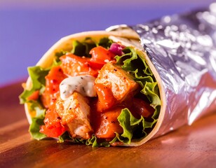 Close up of a savory chicken wrap with orange sauce white dressing and lettuce partially wrapped in foil