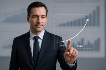Confident Businessman Analyzing Growth Charts and Future Projections, Touching Interactive Screen in Modern Office