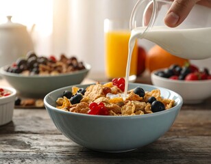 Pouring milk into a blue bowl of cereal with fresh blueberries and red currants on a wooden table