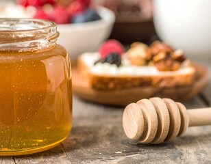 Glass jar of golden honey beside wooden dipper on rustic table with toast and fruit background
