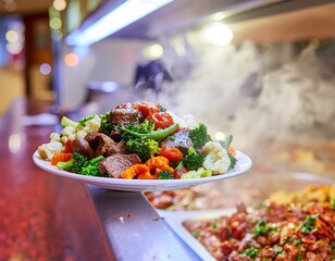 Steaming hot plate of beef with broccoli cauliflower and carrots served at a buffet line