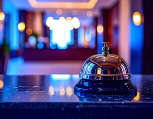 Polished chrome service bell resting on a dark reflective counter with a blurred warmly lit interior background