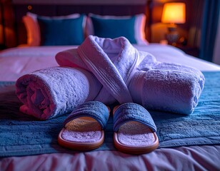 White bathrobe and rolled towels with blue slippers resting on a bed in a dimly lit room