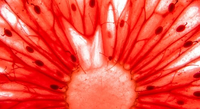 Magnified strawberry shows red structure and seeds radiating outwards