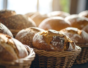 Artisan sourdough bread loaves with rustic crusts displayed closely in woven wicker baskets
