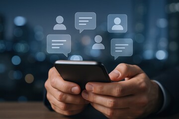 Man using smartphone for social media messaging, communicating with holographic chat icons in a digital world
