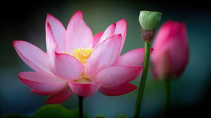 Obraz premium Close-up of a Beautiful Pink Lotus Flower Blossom with Green Seed Pod, Symbolizing Purity and Enlightenment